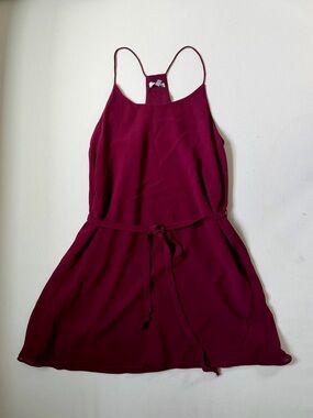 Chic Wine Colored Spaghetti Strap Belted Mini Dress